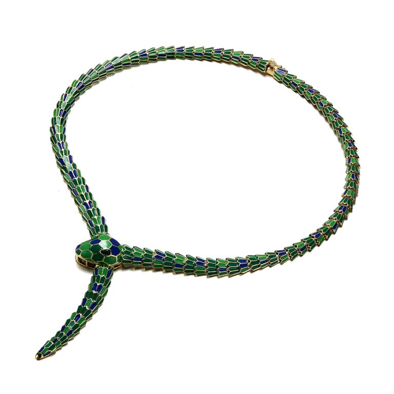 14k Yellow Gold Plated With Emerald Cubic Zirconia Blue & Green Enamel Coiled Serpent Snake Stiff Collar Necklace