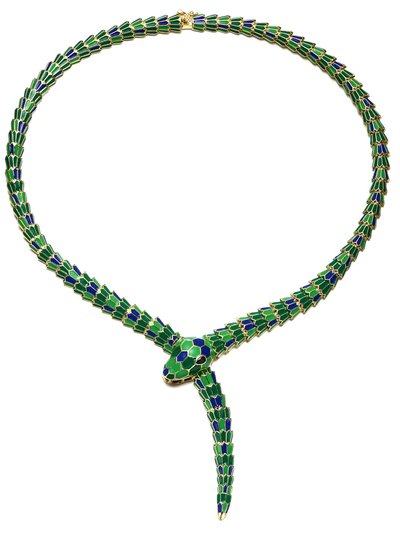 Rachel Glauber 14k Yellow Gold Plated With Emerald Cubic Zirconia Blue & Green Enamel Coiled Serpent Snake Stiff Collar Necklace product