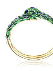 14k Yellow Gold Plated With Emerald Cubic Zirconia Green & Blue Enamel 3D Serpent Coiled Bypass Wrapped Bangle Bracelet