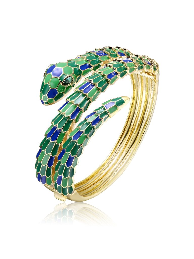 14k Yellow Gold Plated With Emerald Cubic Zirconia Green & Blue Enamel 3D Serpent Coiled Bypass Wrapped Bangle Bracelet - Green