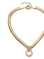 14k Yellow Gold Plated With Emerald & Cubic Zirconia Panther Head Door Knocker Wire Herringbone Chain Necklace - Adjustable W/ Extension Chain - Gold