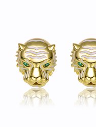 14k Yellow Gold Plated With Emerald Cubic Zirconia White Enamel Roaring Tiger Head 3D Stud Earrings