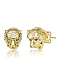 14k Yellow Gold Plated With Emerald Cubic Zirconia White Enamel Roaring Tiger Head 3D Stud Earrings - Gold/Green