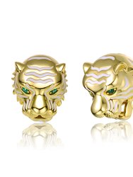 14k Yellow Gold Plated With Emerald Cubic Zirconia White Enamel Roaring Tiger Head 3D Stud Earrings - Gold/Green