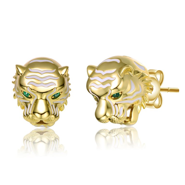 14k Yellow Gold Plated With Emerald Cubic Zirconia White Enamel Roaring Tiger Head 3D Stud Earrings - Gold/Green