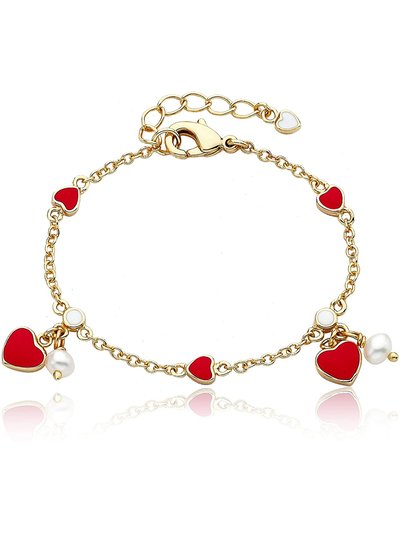 Rachel Glauber 14k Yellow Gold Plated With Red Enamel Heart & Pearl Dangle Charm Bracelet product