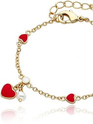 14k Yellow Gold Plated With Red Enamel Heart & Pearl Dangle Charm Bracelet - Gold/Red