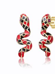 14k Yellow Gold Plated With Ruby Cubic Zirconia Black & Red Enamel 3D Slithering Curling Snake Earrings - Red/Gold