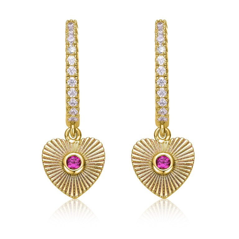 14k Yellow Gold Plated With Ruby & Cubic Zirconia Sunray Heart Dangle Charm Hoop Earrings