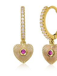 14k Yellow Gold Plated With Ruby & Cubic Zirconia Sunray Heart Dangle Charm Hoop Earrings - Gold/Red