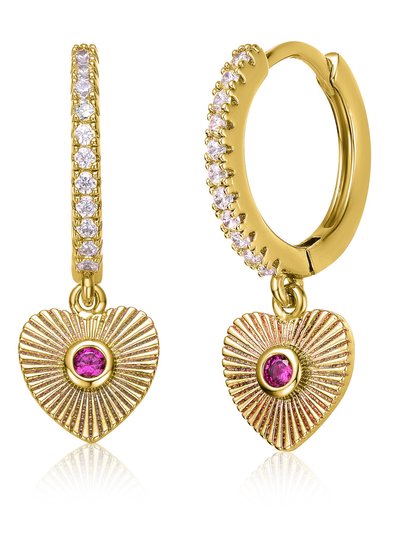 Rachel Glauber 14k Yellow Gold Plated With Ruby & Cubic Zirconia Sunray Heart Dangle Charm Hoop Earrings product
