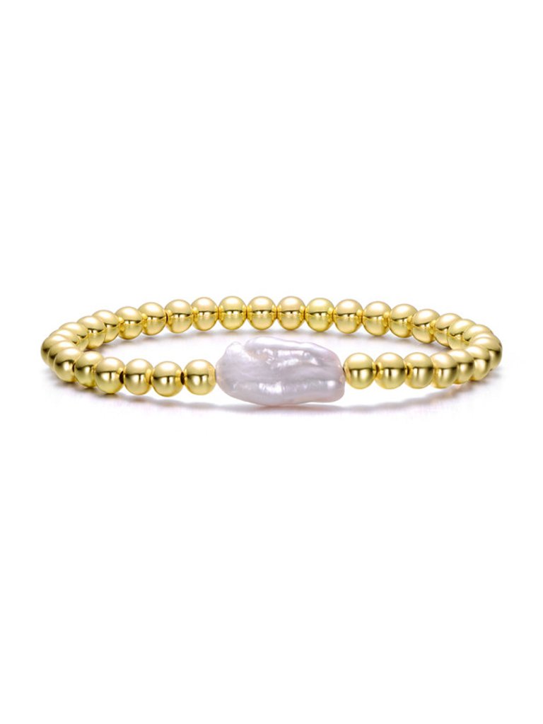 Baroque White Pearl Ball Bead Link Stretchable Layering Bracelet - Gold