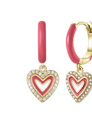Children's 14k Gold Plated With Diamond Cubic Zirconia & Magenta-Red Enamel Halo Heart Dangle Charm Hoop Earrings - Gold