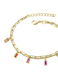 Children's 14k Gold Plated With Rainbow Multi-Gem Cubic Zirconia Adjustable Birthstone Charm Bracelet - Gold
