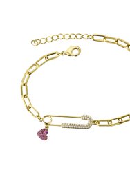Children's 14k Gold Plated With Ruby & Diamond Cubic Zirconia Safety Pin Dangle Heart Charm Adjustable Bracelet - Gold/Pink