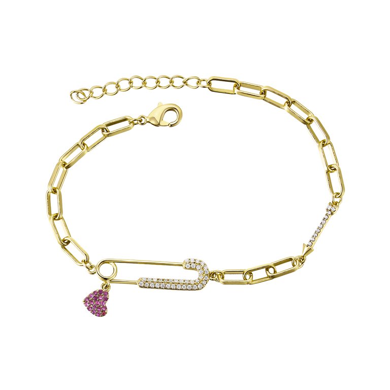 Children's 14k Gold Plated With Ruby & Diamond Cubic Zirconia Safety Pin Dangle Heart Charm Adjustable Bracelet - Gold/Pink