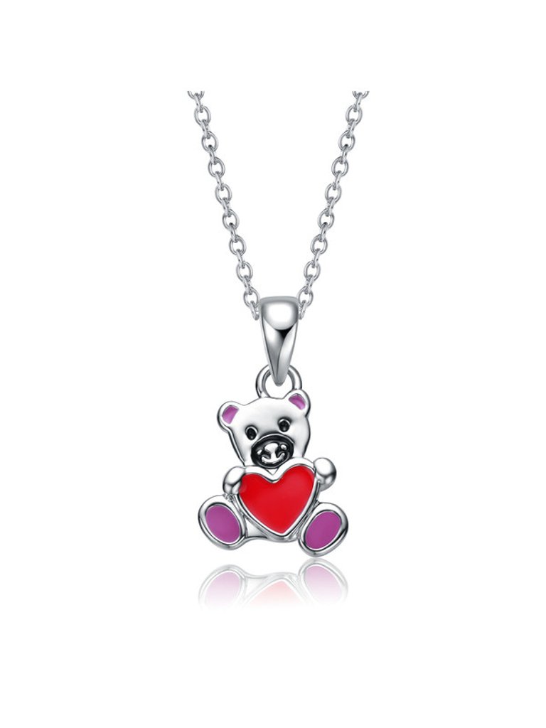 GigiGirl Kids' White Gold Plated Red Enamel Heart Teddy Bear Pendant Necklace - Red