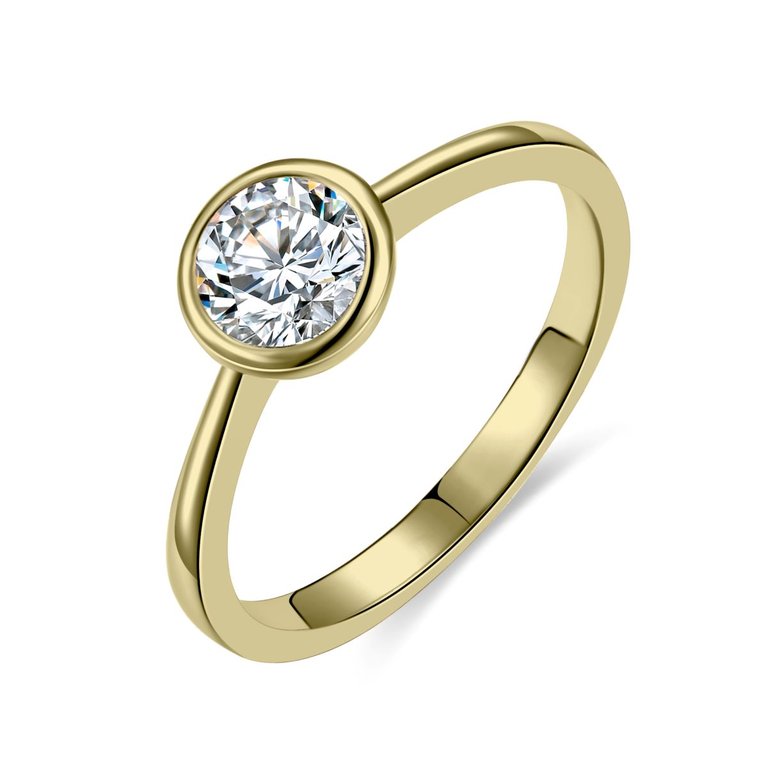 Gold Plated With Diamond Cubic Zirconia Bezel Solitaire Ring - Gold