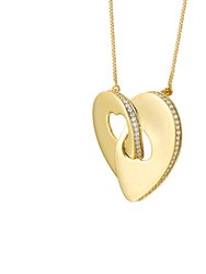 Large 14k Gold Plated With Diamond Cubic Zirconia Modern Double Heart Half Cut-Out Entwined Necklace