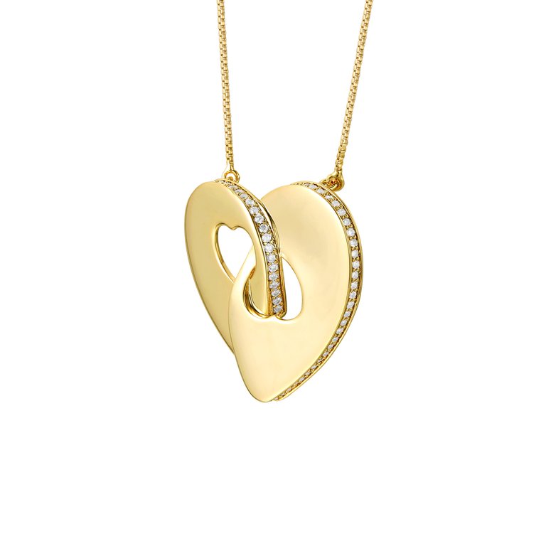 Large 14k Gold Plated With Diamond Cubic Zirconia Modern Double Heart Half Cut-Out Entwined Necklace