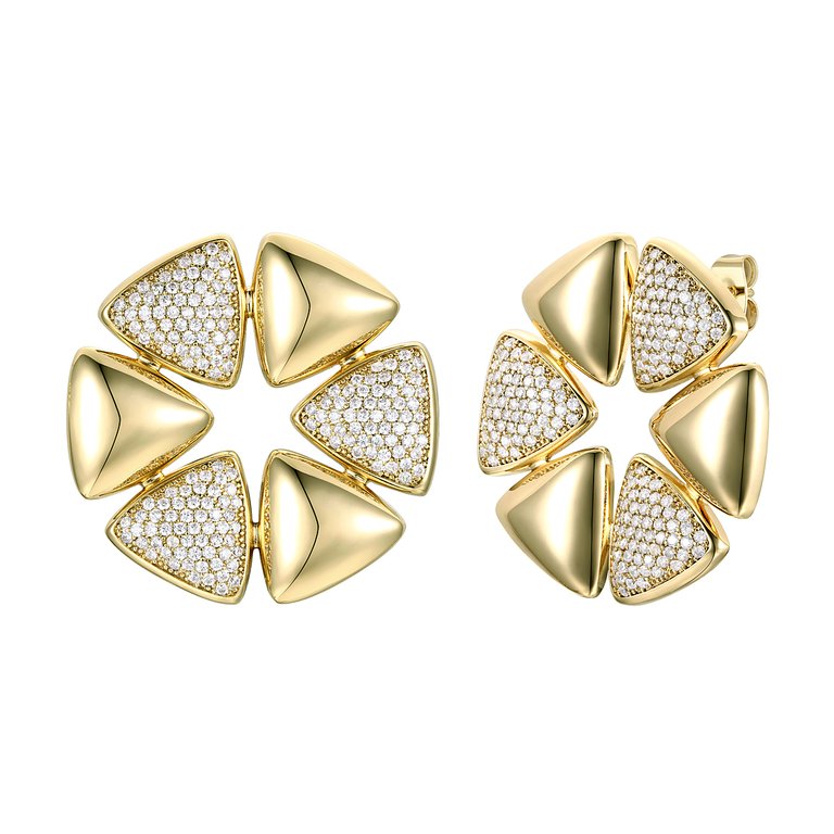 Large 14k Gold Plated With Diamond Cubic Zirconia Pave Modern Abstract Flower Stud Earrings - Gold