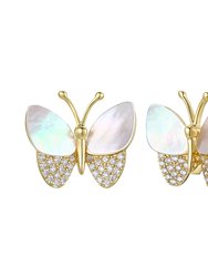 Large 14k Gold Plated With Mother Of Pearl & Diamond Cubic Zirconia Butterfly Stud Earrings - Gold