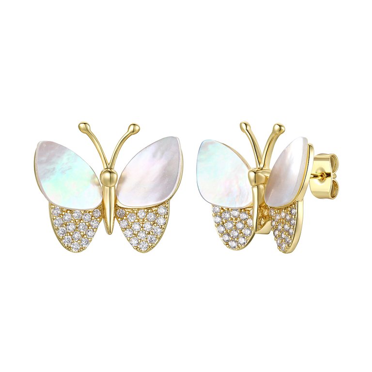 Large 14k Gold Plated With Mother Of Pearl & Diamond Cubic Zirconia Butterfly Stud Earrings - Gold