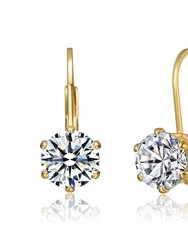 Leverback Earrings with Clear Round Cubic Zirconia In Prong Setting - Gold