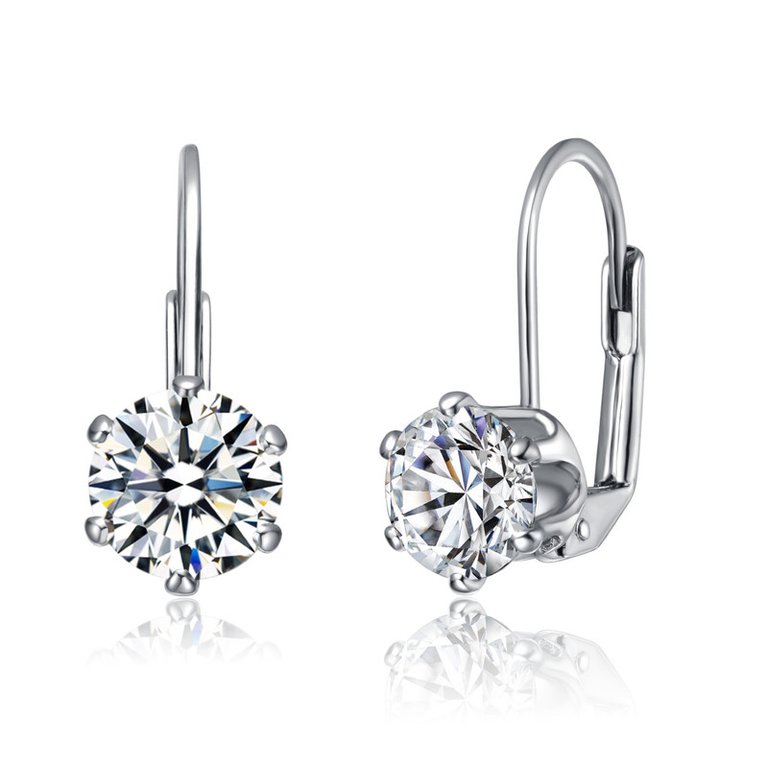 Leverback Earrings with Clear Round Cubic Zirconia In Prong Setting - Silver