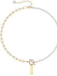 Rachel Glauber 14K Gold Plated Initial Pearl Link Chain Necklace - Gold