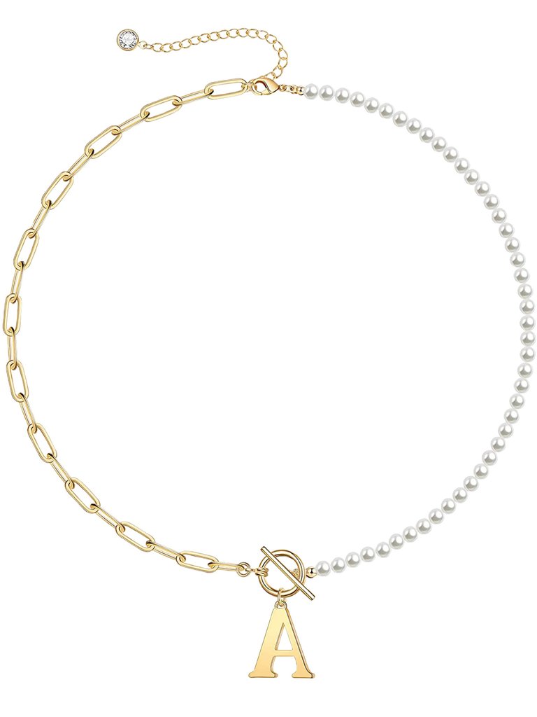 Rachel Glauber 14K Gold Plated Initial Pearl Link Chain Necklace - Gold