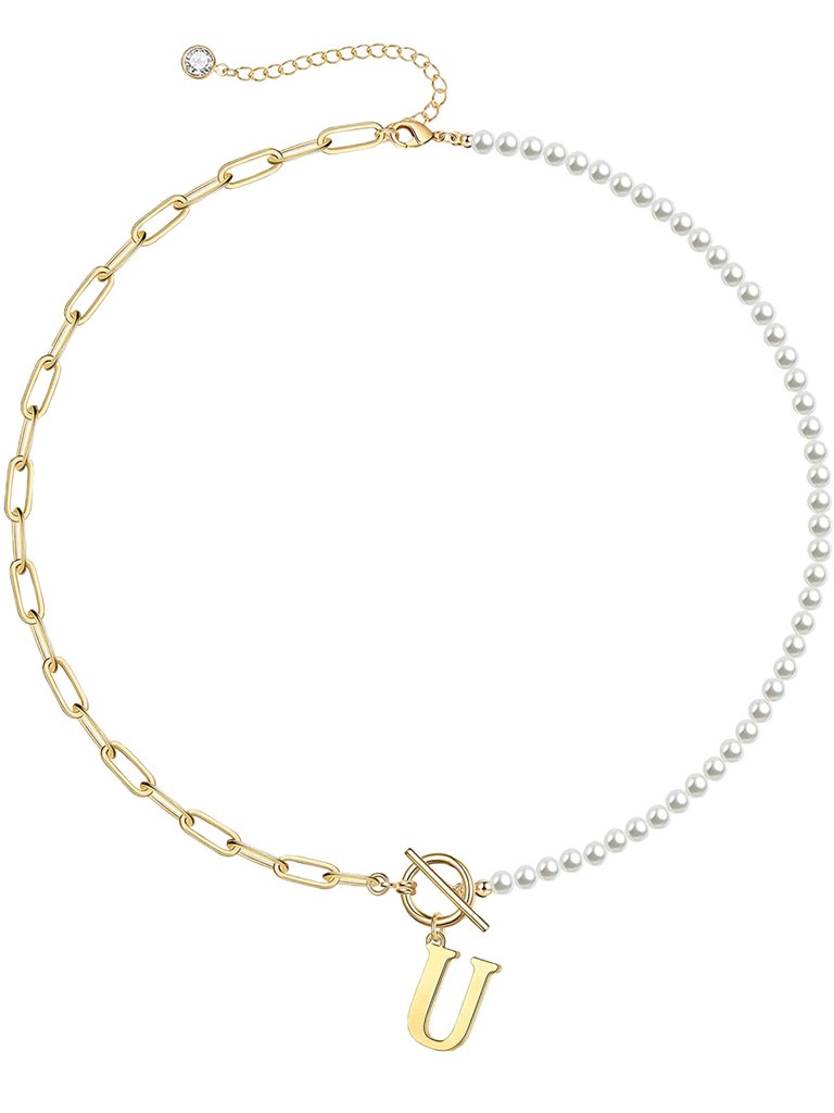 Rachel Glauber 14K Gold Plated Initial Pearl Link Chain Necklace - Gold