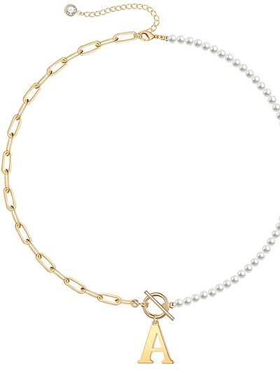 Rachel Glauber Rachel Glauber 14K Gold Plated Initial Pearl Link Chain Necklace product