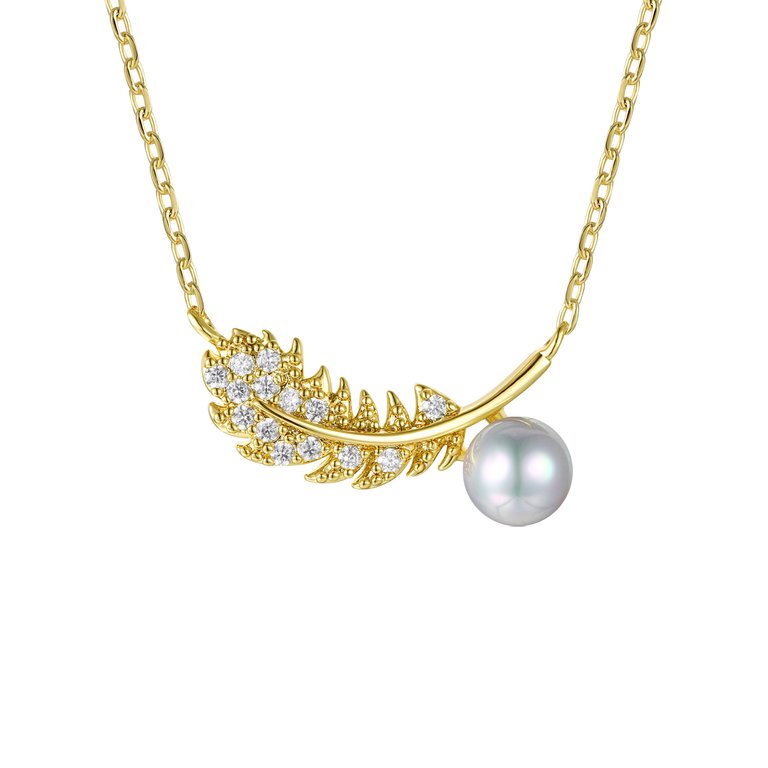 Rachel Glauber 14k Gold Plated with Diamond Cubic Zirconia & Faux Pearl Fern Leaf Pendant Necklace - Gold