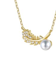Rachel Glauber 14k Gold Plated with Diamond Cubic Zirconia & Faux Pearl Fern Leaf Pendant Necklace