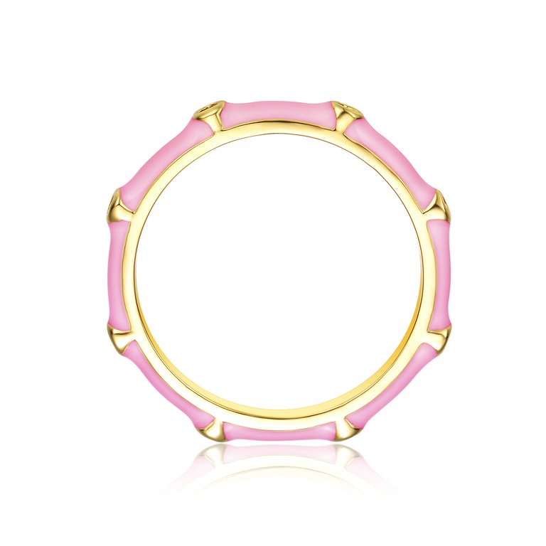 Rachel Glauber 14k Gold Plated with Diamond Cubic Zirconia Pink Enamel Bamboo Kids/Young Adult Stacking Ring