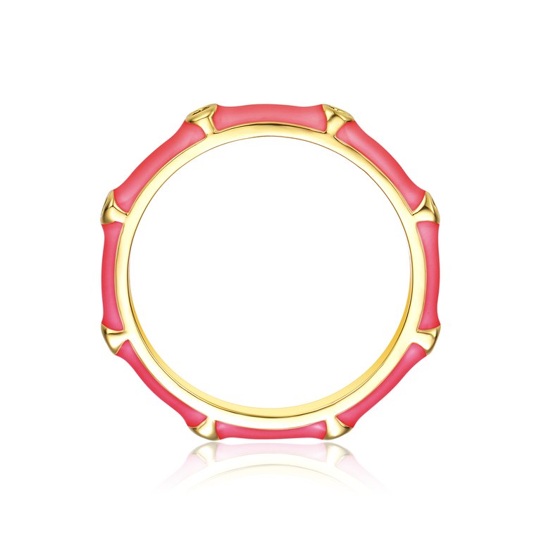 Rachel Glauber 14k Gold Plated with Diamond Cubic Zirconia Pink Enamel Bamboo Kids/Young Adult Stacking Ring