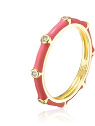 Rachel Glauber 14k Gold Plated with Diamond Cubic Zirconia Pink Enamel Bamboo Kids/Young Adult Stacking Ring - Orange