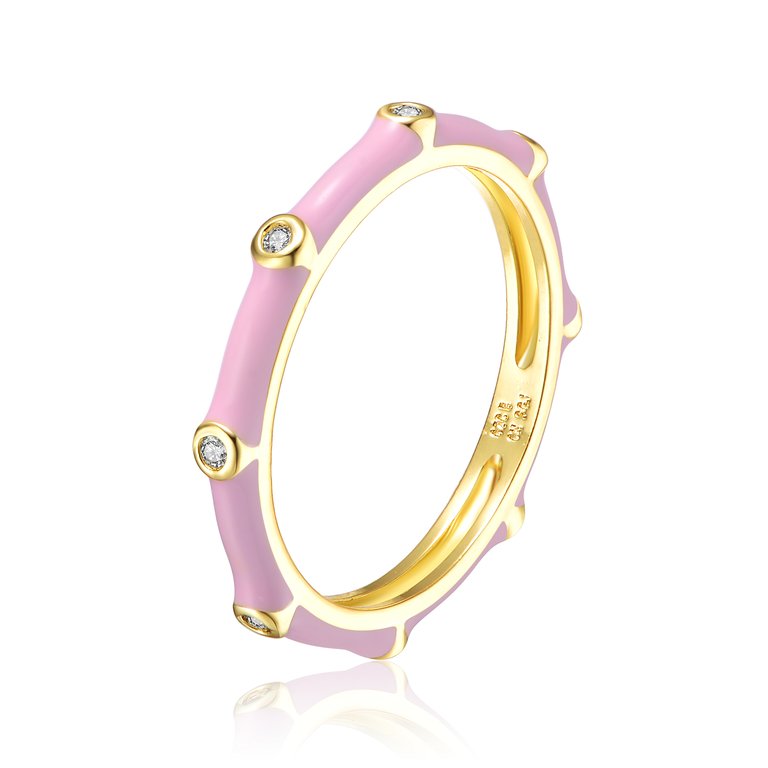 Rachel Glauber 14k Gold Plated with Diamond Cubic Zirconia Pink Enamel Bamboo Kids/Young Adult Stacking Ring - Pink