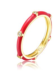 Rachel Glauber 14k Gold Plated with Diamond Cubic Zirconia Pink Enamel Bamboo Kids/Young Adult Stacking Ring - Red