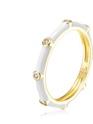 Rachel Glauber 14k Gold Plated with Diamond Cubic Zirconia Pink Enamel Bamboo Kids/Young Adult Stacking Ring - White