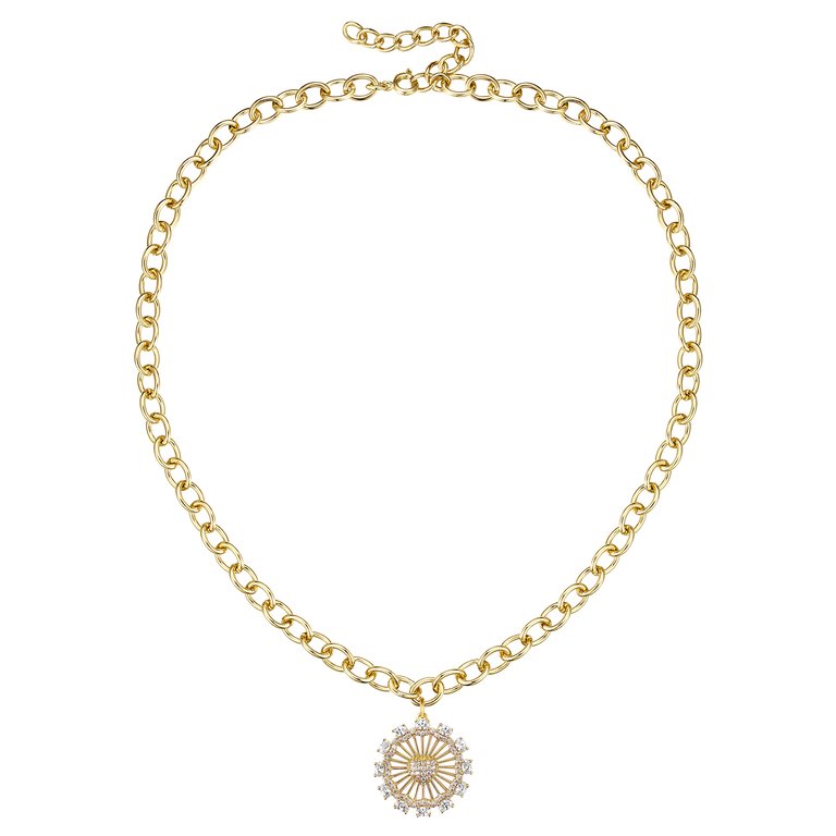 Rachel Glauber 14k Gold Plated with Diamond Cubic Zirconia Sunshine Flower Pendant Curb Chain Adjustable Necklace - Gold