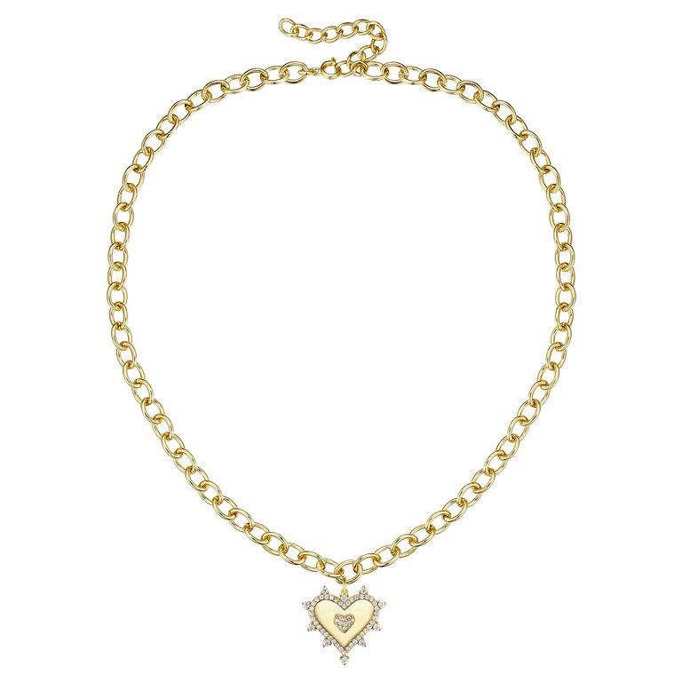 Rachel Glauber 14k Gold Plated with Diamond Cubic Zirconia Sunshine Heart Pendant Curb Chain Adjustable Necklace - Gold