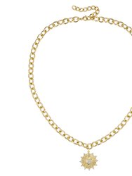 Rachel Glauber 14k Gold Plated with Diamond Cubic Zirconia Vintage Shield Sunshine Pendant Curb Chain Adjustable Necklace - Gold