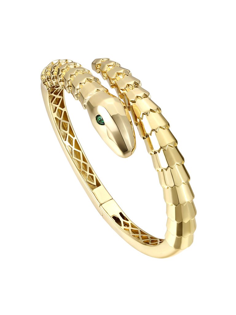 Rachel Glauber 14k Gold Plated with Emerald Cubic Zirconia Textured Coiled Serpent Bypass Bangle Bracelet - Green