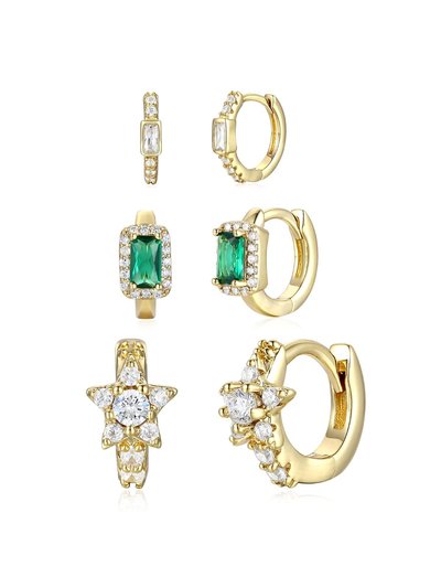 Rachel Glauber Rachel Glauber 14k Gold Plated with Emerald & Diamond Cubic Zirconia Halo Star 3-Piece Hoop Earrings Set product