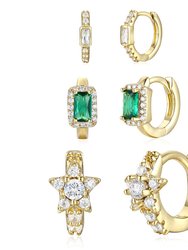 Rachel Glauber 14k Gold Plated with Emerald & Diamond Cubic Zirconia Halo Star 3-Piece Hoop Earrings Set - Green