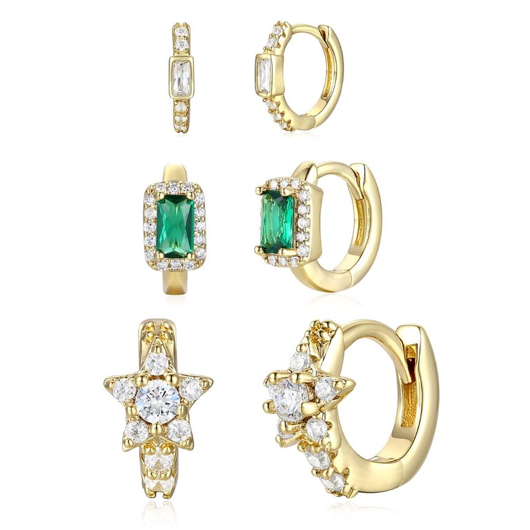 Rachel Glauber 14k Gold Plated with Emerald & Diamond Cubic Zirconia Halo Star 3-Piece Hoop Earrings Set - Green