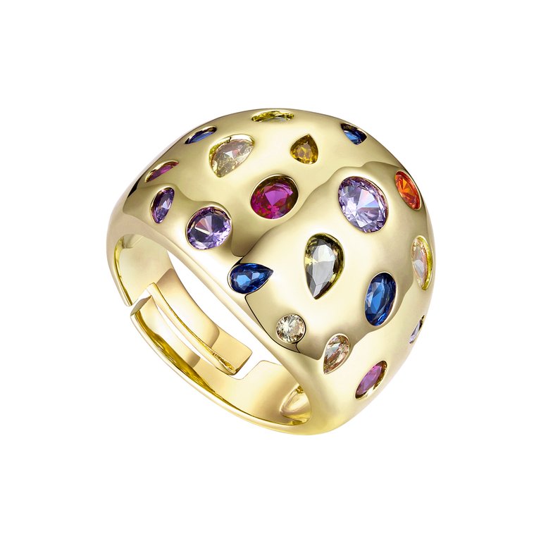 Rachel Glauber 14k Gold Plated with Rainbow Gemstone Cubic Zirconia Diamond Dome Ring - Orange