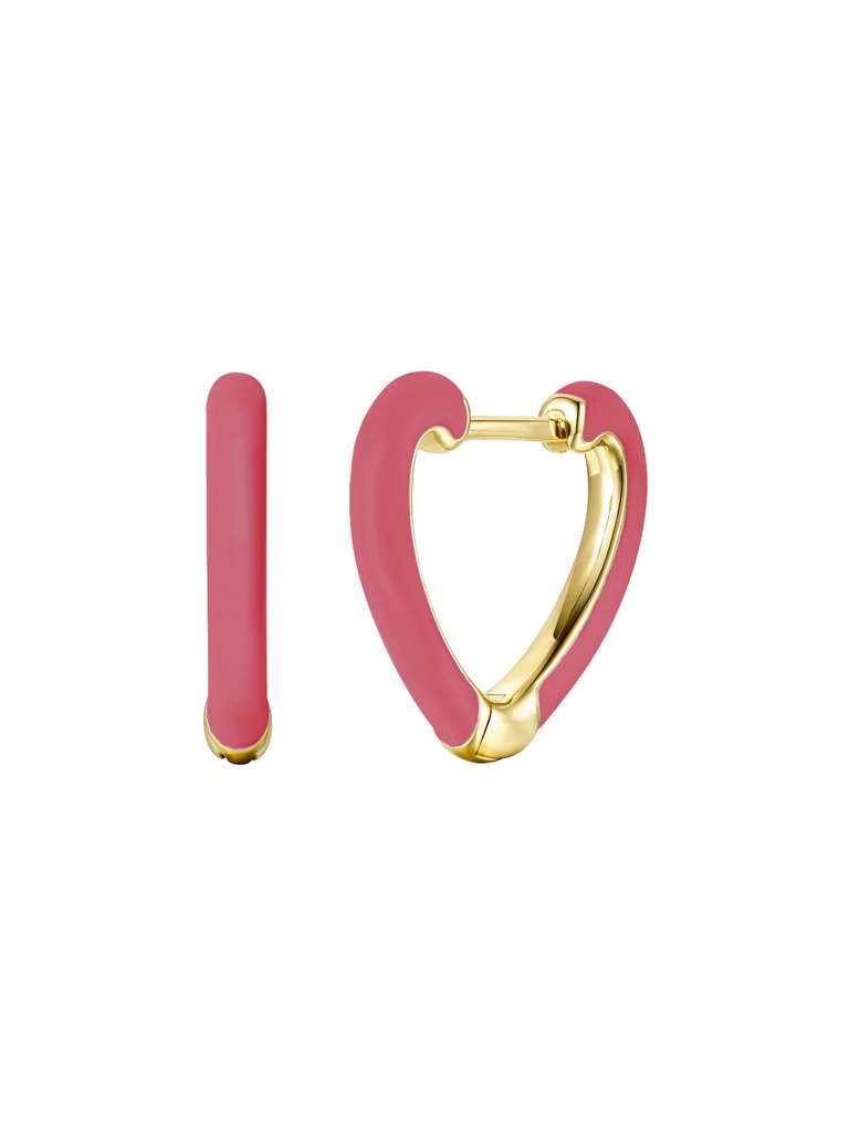 Rachel Glauber Children's 14k Gold Plated with Magenta-Red Enamel Inlay Heart Hoop Earrings - Coral